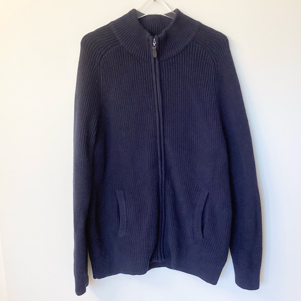 L.L.Bean Full Zip Cotton Shaker Fisherman Knit Sweater - Navy - LT